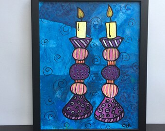 Shabbos Candles Painting - Shabbat Candle Art - Original Mixed Media Art - Jewish Wedding Gift - Wall Art Decor, Judaica by Claudine Intner