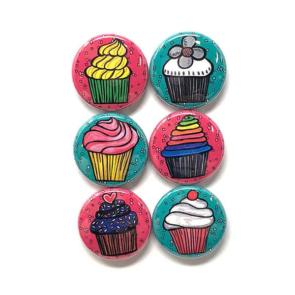 Cupcake Magnets or Cupcake Pinback Buttons - Cute Food Magnets or Food Pins Set - Kitchen Fridge Magnets or Button Badges