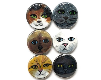 Cute Cat Magnets or Pins - Animal Fridge Magnet Set or Pinback Button Set - Kitten or Cat Lover Gift - 1 Inch magnets or pins
