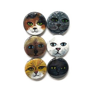 Cute Cat Magnets or Pins - Animal Fridge Magnet Set or Pinback Button Set - Kitten or Cat Lover Gift - 1 Inch magnets or pins