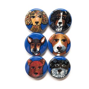 Cute Dog Magnets or Dog Pinback Buttons - Dog Lover Gift - Veterinarian or Vet Tech Gift - Animal Fridge Magnets or Pins Set
