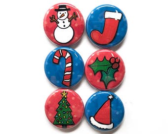 Christmas Magnets or Pinback Buttons - 1 Inch Holiday Magnet or Pin Back Set - Cute Pins - Fridge Magnets - Party Favors - Stocking Stuffers