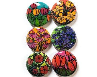 Set of 6 Flower Pin Back Buttons or Flower Magnets - Tulips, Crocuses, Coneflowers, Creeping Phlox, and Poppies - Floral Magnets or Pinbacks