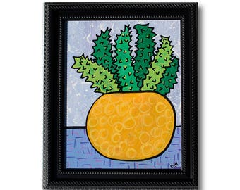 Succulent Art - 11x14 Framed Original Painting - Succulent Lover Gift - Potted Plant Still Life Painting by Claudine Intner