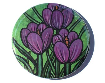Purple Crocus Magnet, Pocket Mirror, or Pin Back Button - Spring Flower Lover, Gardener Gift, or Party Favor