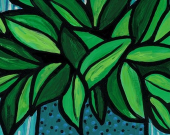 Happy Little Plant Print - Green and Blue Art Giclee - Green Leaves - Colorful Home Decor