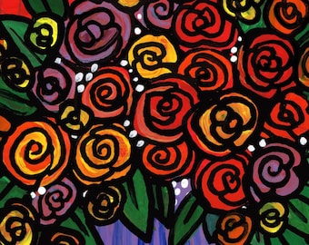 All the Roses Print - Colorful Floral Art Giclee for Bedroom, Bathroom, Living Room - Red, Yellow, Purple Flowers
