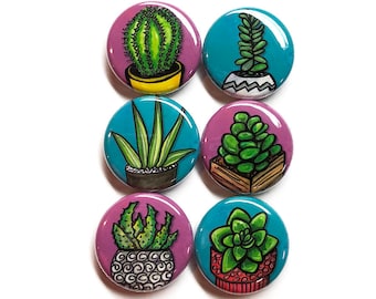 Succulent Plant Pin Back Badge or Fridge Magnet Set - Succulent Magnets or Succulent Pinback Buttons - Gift for Succulent Lover, Green Thumb