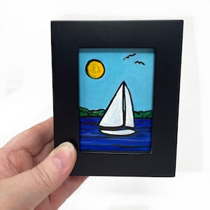 Small Sailboat Painting - Nautical Decor for Wall, Desk, or Shelf - Bayscape, Chesapeake Bay Art