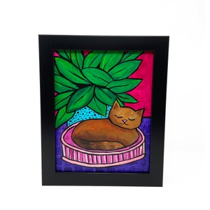 Cat Nap Painting - Original Acrylic Art with Sleeping Brown Kitty Cat - Sweet Animal Wall Art