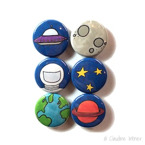 Outer Space Magnets or Pinback Buttons - fridge magnet or pin set, party favor, solar system, alien, UFO, planet, moon, earth, astronaut