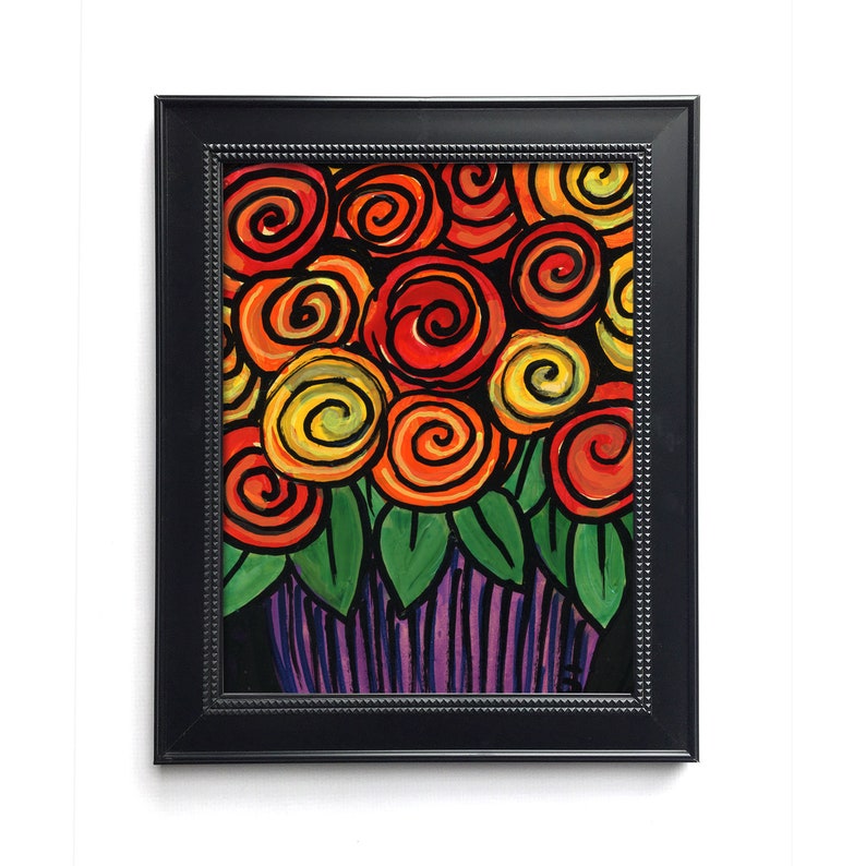 Yellow Red Bright Colors Whimsical Rose Print Orange Flowers on Purple Abstract Floral Art Giclee
