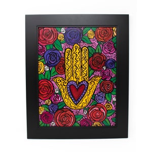 Original Hamsa Wall Art - Rose Hamsa Painting with Heart and Flowers - Framed