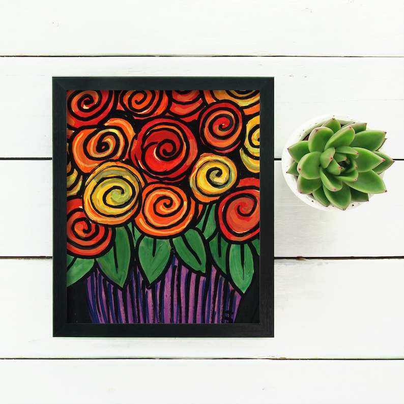 Yellow Red Bright Colors Whimsical Rose Print Orange Flowers on Purple Abstract Floral Art Giclee