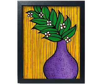 Blooming Branch Art Print - Contemporary Floral Print - Green Leaves, White Flowers in Purple Vase on Mustard Yellow