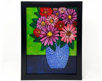 Original Gerbera Daisy Art - Colorful Acrylic Painting featuring Pink, Red, and Purple Flowers in Vase - Still Life - Framed Wall Art