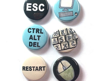 Computer Magnets or Pins - set of 6 fridge magnets, pinback buttons, keyboard, mouse, ctrl alt del, restart, geek geekery, office, nerd gift