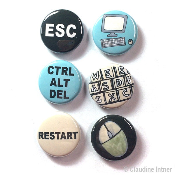 Computer Magnets or Pins - set of 6 fridge magnets, pinback buttons, keyboard, mouse, ctrl alt del, restart, geek geekery, office, nerd gift