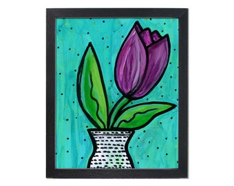 Purple Tulip Art Print - Whimsical Floral Art Print - Purple Flower Giclee by Claudine Intner