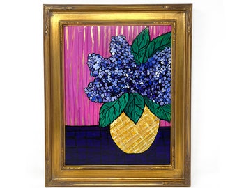 Original Purple Hydrangea Painting - Gold Frame Floral Still Life Painting - 11 x 14 inches - Vibrant Color Hydrangea Blooms in Vase