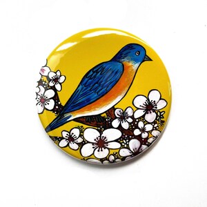 BlueBird with Cherry Blossoms Magnet, Pin Back Button, or Pocket Mirror