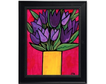 Purple Tulip Print - Bold Color Art Print with Purple Flowers in Yellow Vase on Vibrant Deep Pink - Floral Wall Art Decor for Bedroom