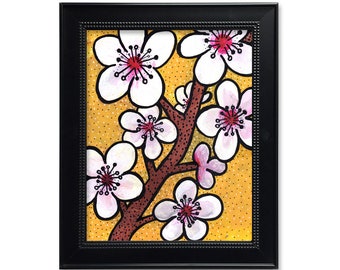 Cherry Blossoms Wall Art Print - Floral Art for Bathroom, Office, Living Room, or Nursery Decor - Flower Giclee - White, Pink, and Yellow