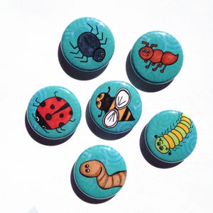 Cute Bug Magnets or Bug Pins - Insect Fridge Magnet or Pinback Button Set, ladybug, spider, ant, bee, caterpillar - science party favor
