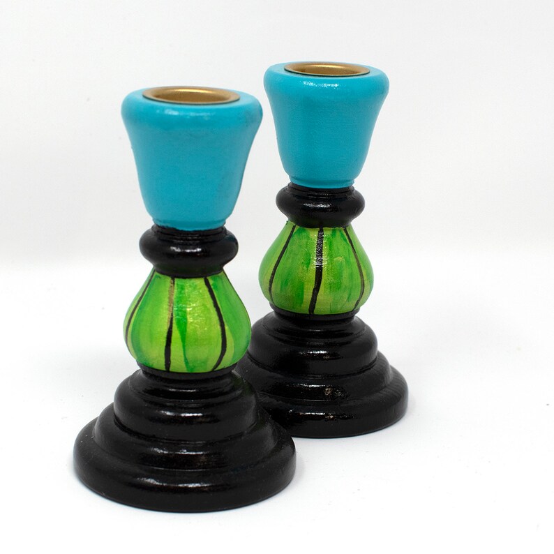 Blue and Green Candle Stick Holders Hand Painted Wood Candle Etsy