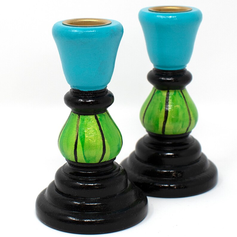 Blue and Green Candle Stick Holders Hand Painted Wood Candle Etsy