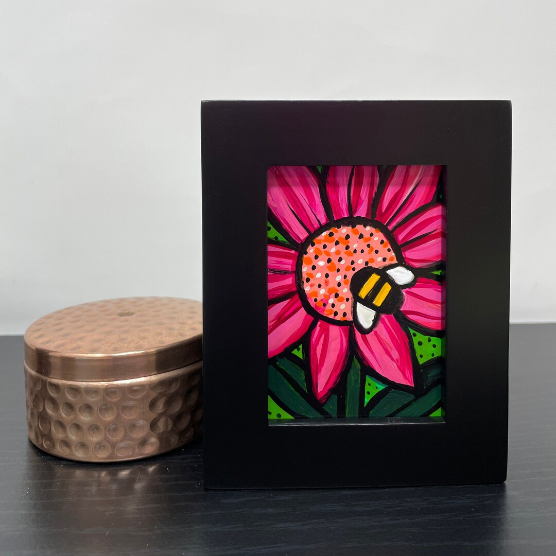 Mini Bumblebee Flower Painting - Framed Bumble Bee Art for Desk, Shelf ...