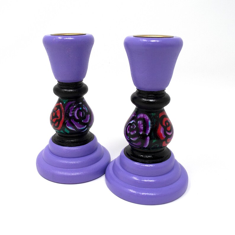 Flower Candle Holder Purple Candle Sticks Hand Painted Etsy