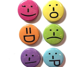 Smile Magnets or Pins - Emoticons, Emoji Smiley Face Pinback Button Set or Magnet Set