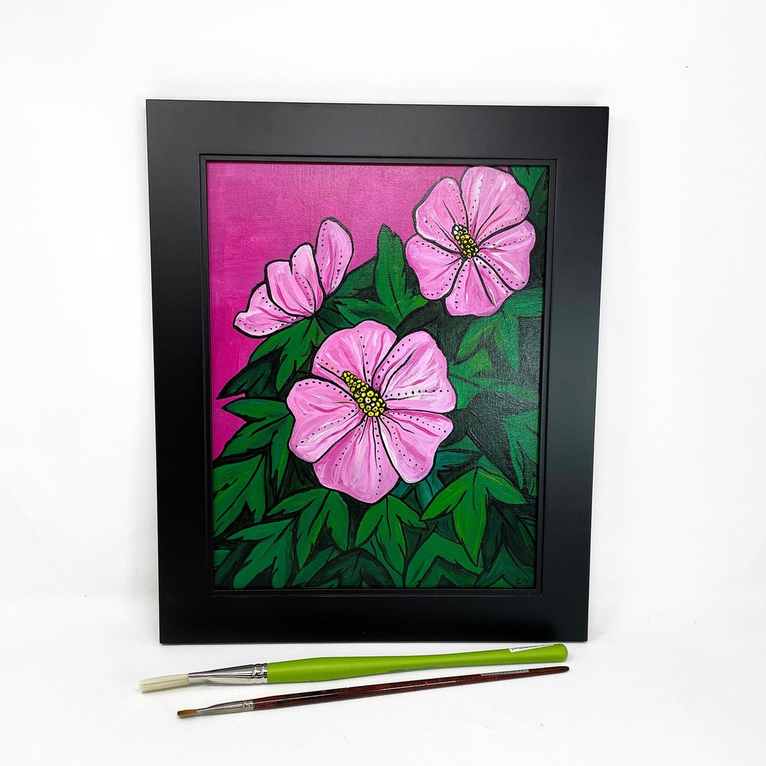 Pink Hibiscus Painting Bold Bright Colors Pink Green Original Floral  Painting Tropical 11x14 Framed Acrylic Painting Claudine Intner 