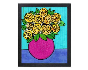 Yellow Rose Art Print - Yellow Floral Giclée - Happy Floral Still Life with Vase - 8x10 inches - optional black mat