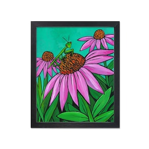 Praying Mantis Art Print - Whimsical Preying Mantis on Coneflower
