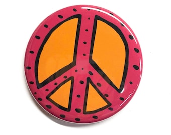 Pink Peace Sign Magnet, Pin Back Button, or Pocket Mirror - World Peace