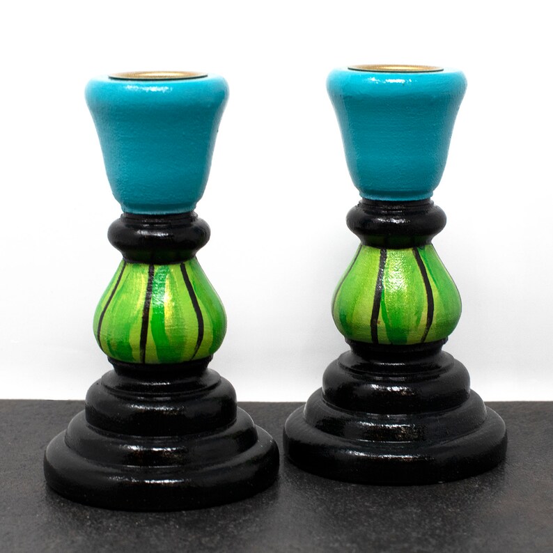 Blue and Green Candle Stick Holders Hand Painted Wood Candle Etsy