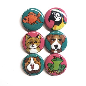 Cute Animal Magnet or Pin Back Button Set - Pet Magnets or Pinback Badges - Cat, Guinea Pig, Dog, Frog, Parrot, Goldfish, Animals