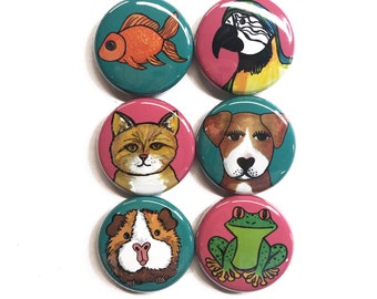 Cute Animal Magnet or Pin Back Button Set - Pet Magnets or Pinback Badges - Cat, Guinea Pig, Dog, Frog, Parrot, Goldfish, Animals