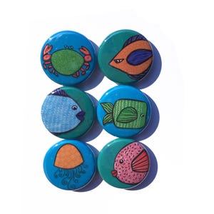 Fish Magnet Set or Fish Pinback Button Set - Cute Fish Fridge Magnets or Fish Pins - Fish Lover Gift, Party Favor, Animal, Ocean or Sea Life
