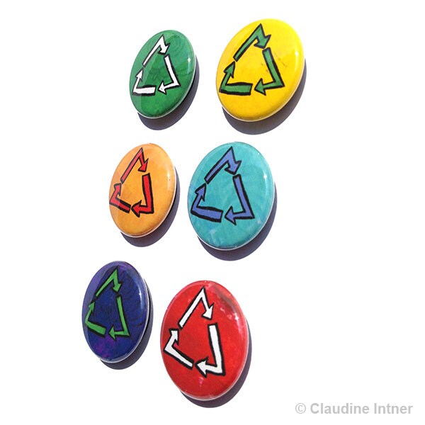 Recycling Magnets or Pins - Recycle Fridge Magnet Set or Pinback ...