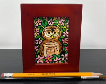 Barred Owl Painting - Framed Mini Bird Art for Your Desk, Shelf, or Wall - Bird or Owl Lover Gift, Animal Art, Small Painting