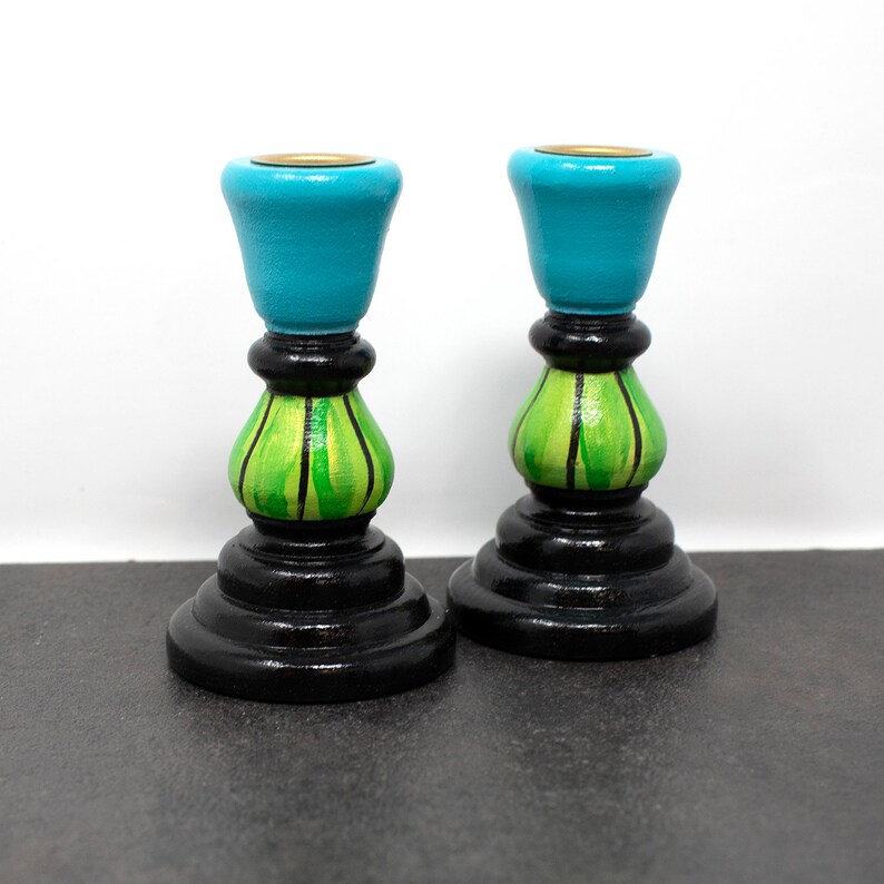 Blue and Green Candle Stick Holders Hand Painted Wood Candle Etsy