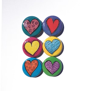 Heart Magnets or Pin Back Buttons Set - Love Magnets or Pins - Valentine&#39;s Day, Cute Party Favor, Teacher Gift
