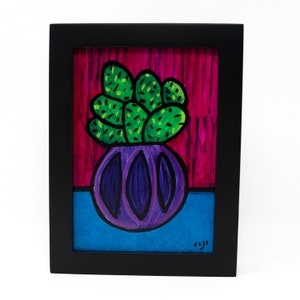 Happy Cactus Painting - Succulent Art - Small Painting in Frame - 5x7 - Purple Magenta Blue Green