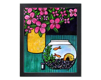 Goldfish Art Print - Floral Still Life with Gold Fish Bowl -  8x10  Giclee with optional black mat - Maximalist