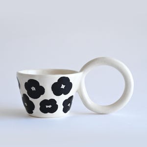 White Ceramic Mug With Hand-painted black flowers -Unique Handmade Pottery Cup Cute Aesthetic Clay Coffee Tea Mug ring handle