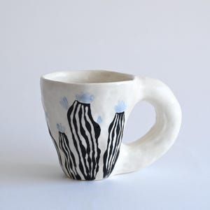 Big White Ceramic Mug With Hand-painted black and blue flowers -Unique Handmade Pottery Cup Cute Aesthetic Clay Coffee Tea Mug Chunky handle