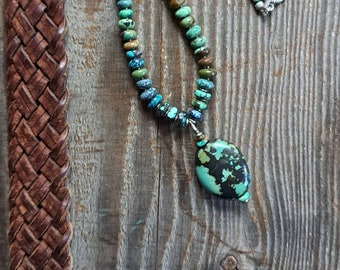 Genuine Turquoise 18" necklace featuring a large focal bead and gradient rondelle turquoise beads accented in silver.